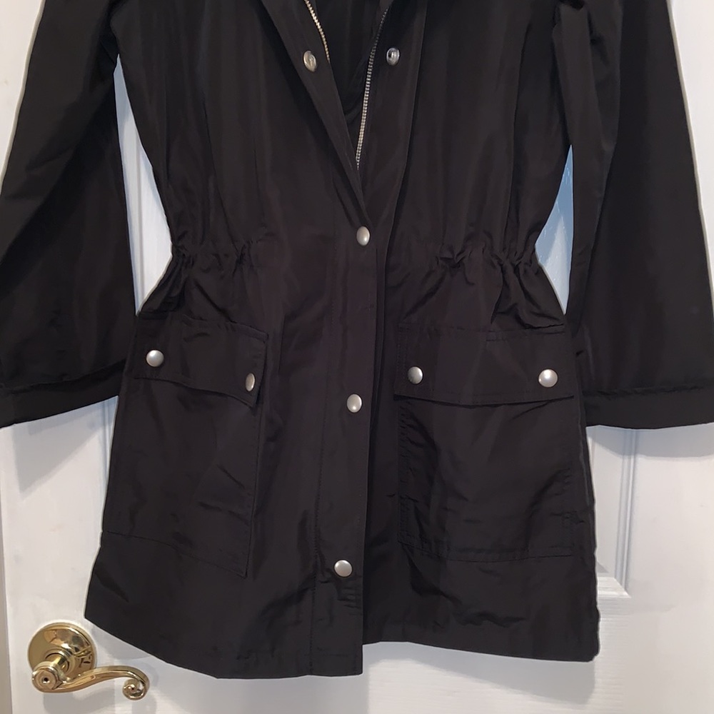J. Crew Black Hooded Raincoat Drawstring Waist. Zip Snap Front Pockets. NWT - Picture 10 of 11